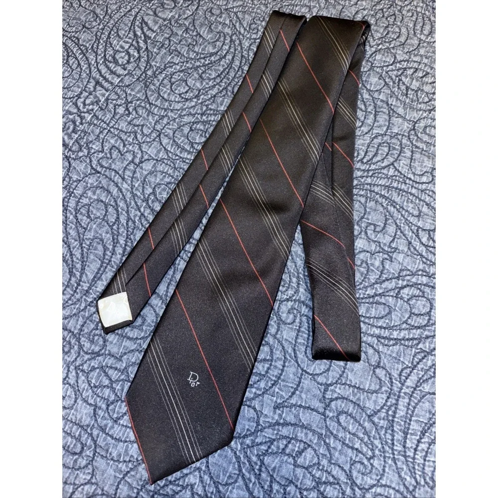 Vtg Christian Dior Striped Tie Logo Black Red Gray Italian Poly / Silk USA Made